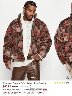 Fashion Nova All Around Tapestry Puffer Jacket - Black/Maroon Floral